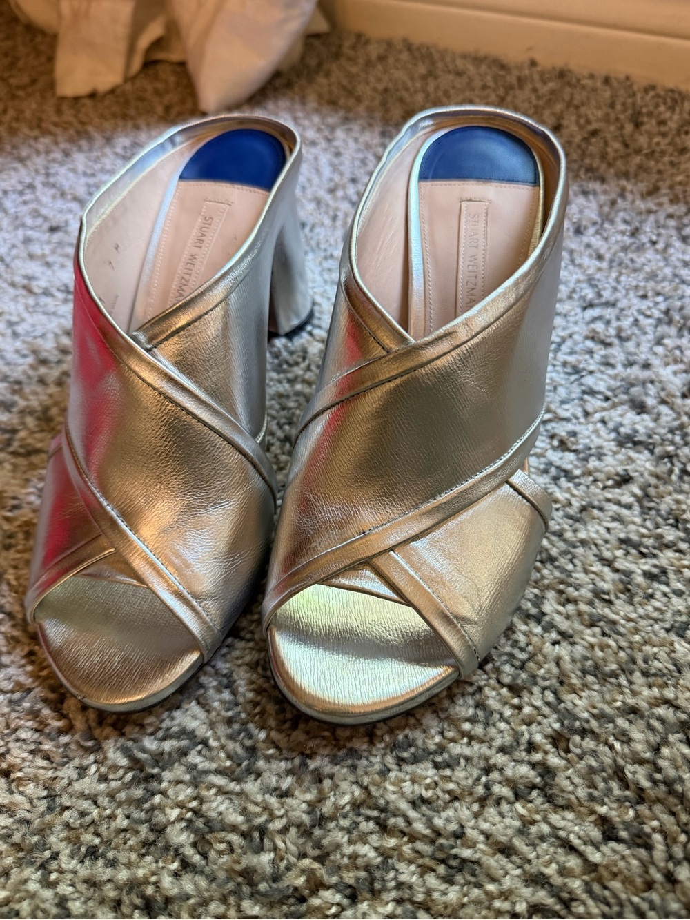 Stuart Weitzman Metallic Silver Cross‑Strap Women’s Mules size 7